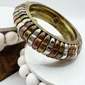Vtg Bohemian Mixed Metal Large Chunky Indian Bangle Bracelet Silver Brass Copper